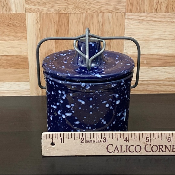 Vintage Stoneware Crock Speckled Cobalt Blue Butter Cheese Crock Jar Wired Lid - Picture 7 of 16